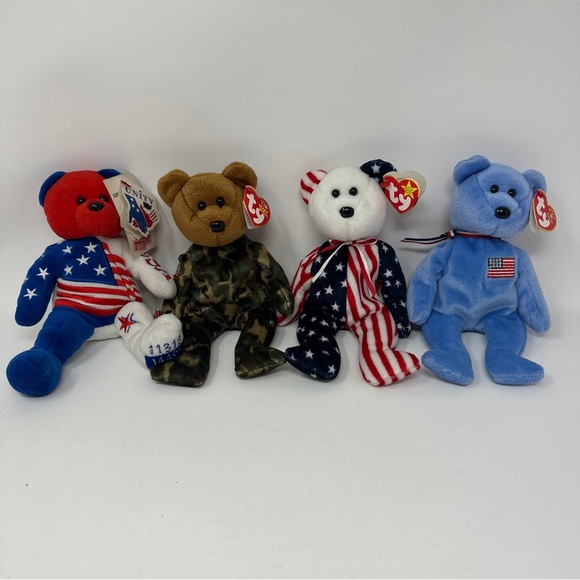 Lot of 4 Patriotic USA Unity Beanie Babies Bears Plush America Hero Spangle - Picture 1 of 16